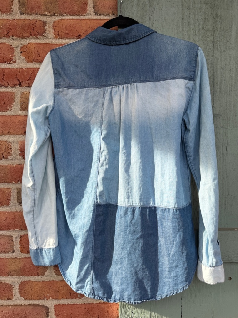 Anthropologie Pilcro Button Down Chambray Patchwork Shirt - Picture 3 of 6